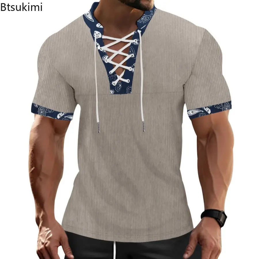 Summer New Men's Patchwork Short Sleeve T-shirts Fashion Lace-up Drawstring V-neck Casual Pullovers Tops Men Corduroy Sport Tees