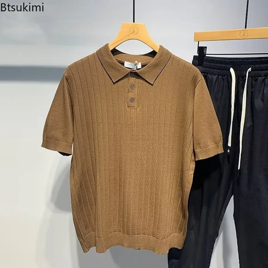 Men's Summer Clothing Short-sleeved Knitted Polo Shirts Men Solid Vintage Casual Lapel Tops Japanese Style Simple Slim T-shirts