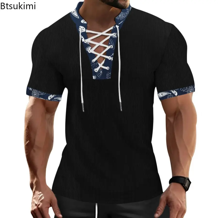 Summer New Men's Patchwork Short Sleeve T-shirts Fashion Lace-up Drawstring V-neck Casual Pullovers Tops Men Corduroy Sport Tees