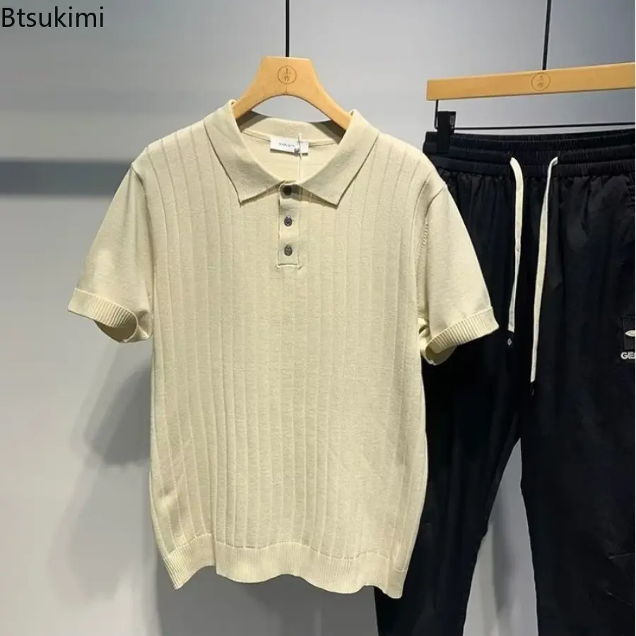 Men's Summer Clothing Short-sleeved Knitted Polo Shirts Men Solid Vintage Casual Lapel Tops Japanese Style Simple Slim T-shirts