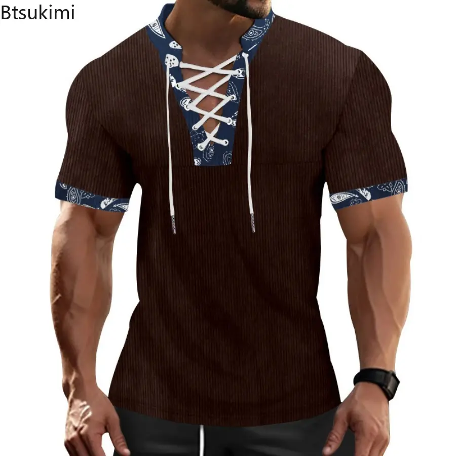 Summer New Men's Patchwork Short Sleeve T-shirts Fashion Lace-up Drawstring V-neck Casual Pullovers Tops Men Corduroy Sport Tees