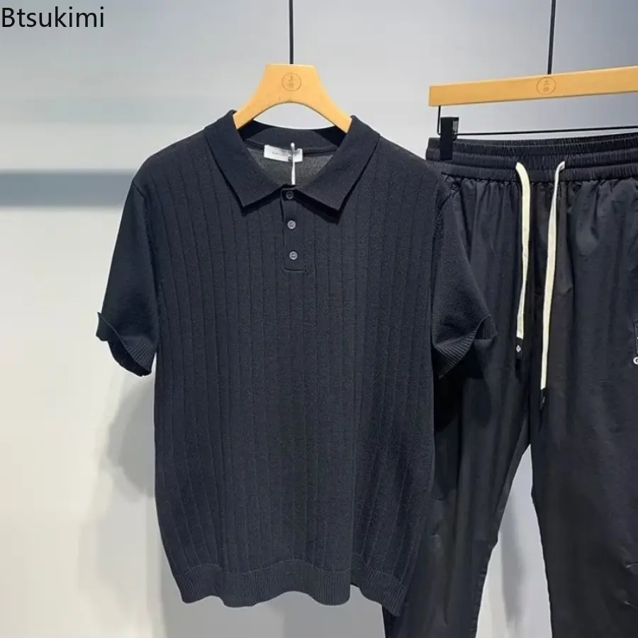 Men's Summer Clothing Short-sleeved Knitted Polo Shirts Men Solid Vintage Casual Lapel Tops Japanese Style Simple Slim T-shirts
