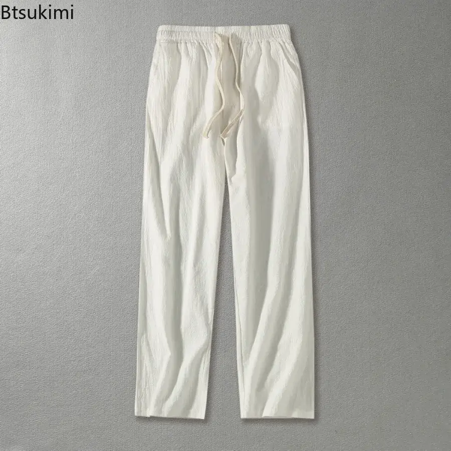 Plus Size 8XL 9XL Pants Men's Solid Cotton Linen Loose Casual Trouser Fashion Drawstring Straight Joggers Vintage Sweatpants Men