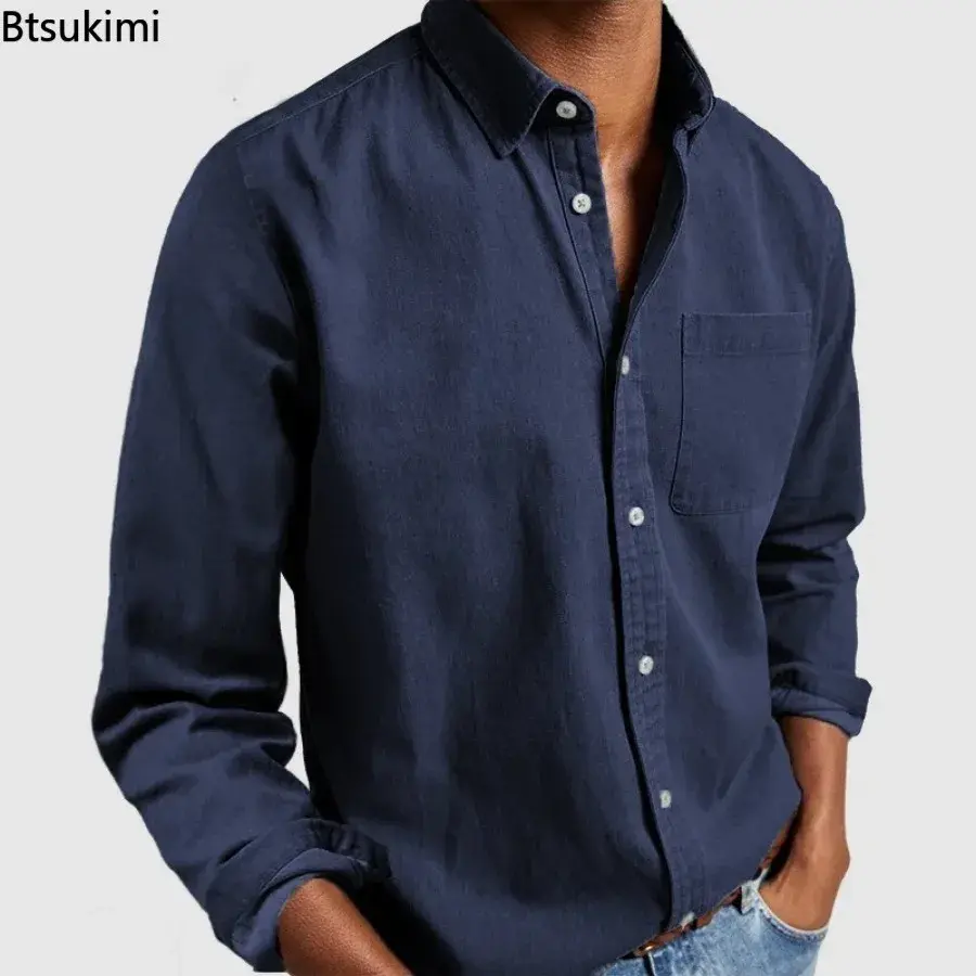2025 Fashion Men's Clothing Breathable Cotton Long-sleeved Loose Casual Shirt Men Simple Lapel Tops Vintage All-match Man Blouse