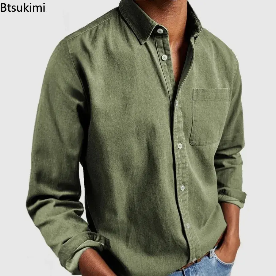 2025 Fashion Men's Clothing Breathable Cotton Long-sleeved Loose Casual Shirt Men Simple Lapel Tops Vintage All-match Man Blouse