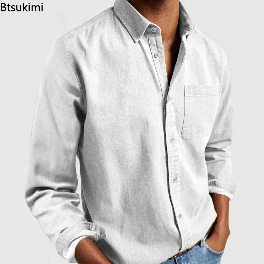 2025 Fashion Men's Clothing Breathable Cotton Long-sleeved Loose Casual Shirt Men Simple Lapel Tops Vintage All-match Man Blouse