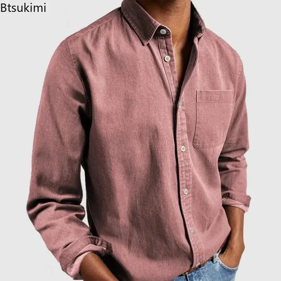 2025 Fashion Men's Clothing Breathable Cotton Long-sleeved Loose Casual Shirt Men Simple Lapel Tops Vintage All-match Man Blouse