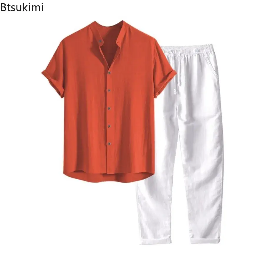2025 Men's Summer Fashion Solid Two Piece Set Breathable Cotton Linen Stand Collar Shirt and Pants Casual Outfits Tracksuit Male
