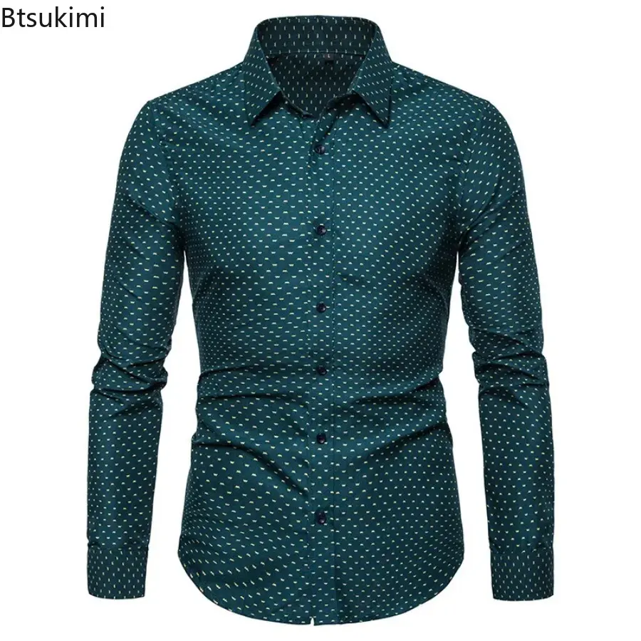 2025 Men's Long-sleeved Polka Dot Print Casual Shirts Fashion Slim Fit Single Breasted Lapel Business Social Shirts Male Blouses