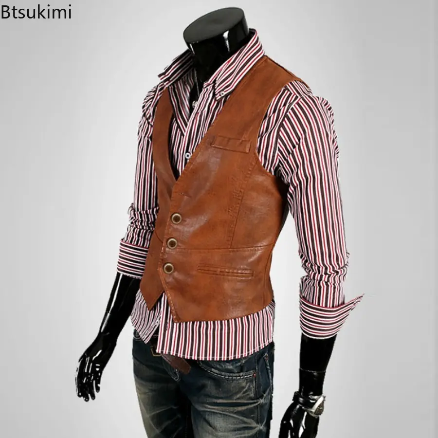 Plus Size 7XL Men's Fashion PU Leather Vest Korean Style Slim Design Sleeveless Leather Tops Business Party Waistcoat Gentleman