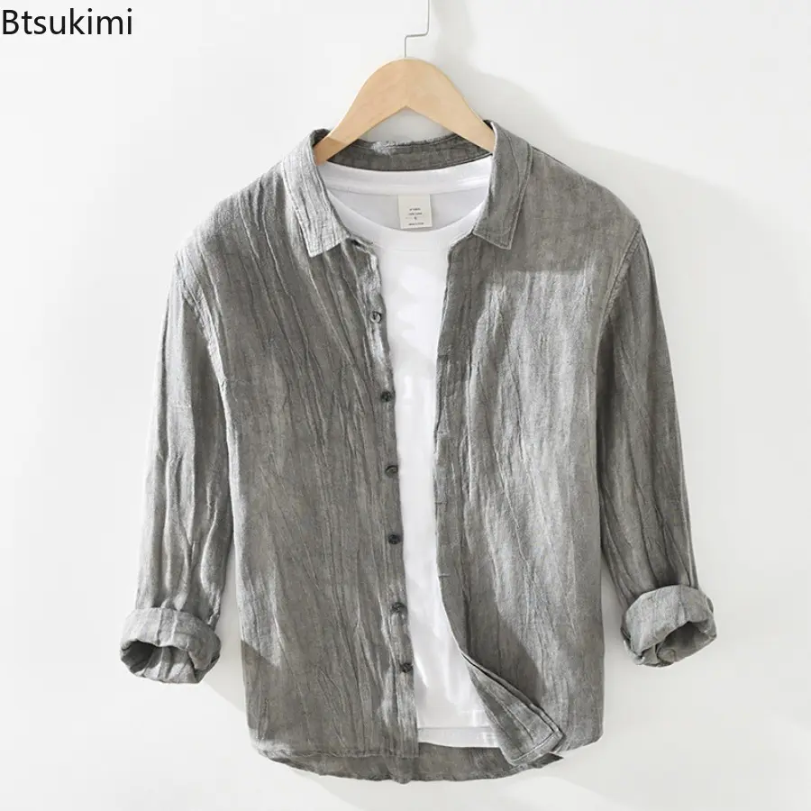 2025 Men's Vintage Long-sleeved 100% Linen Casual Shirts Fashion Simple Loose Breathable Shirt Coats Men Solid All-match Blouse