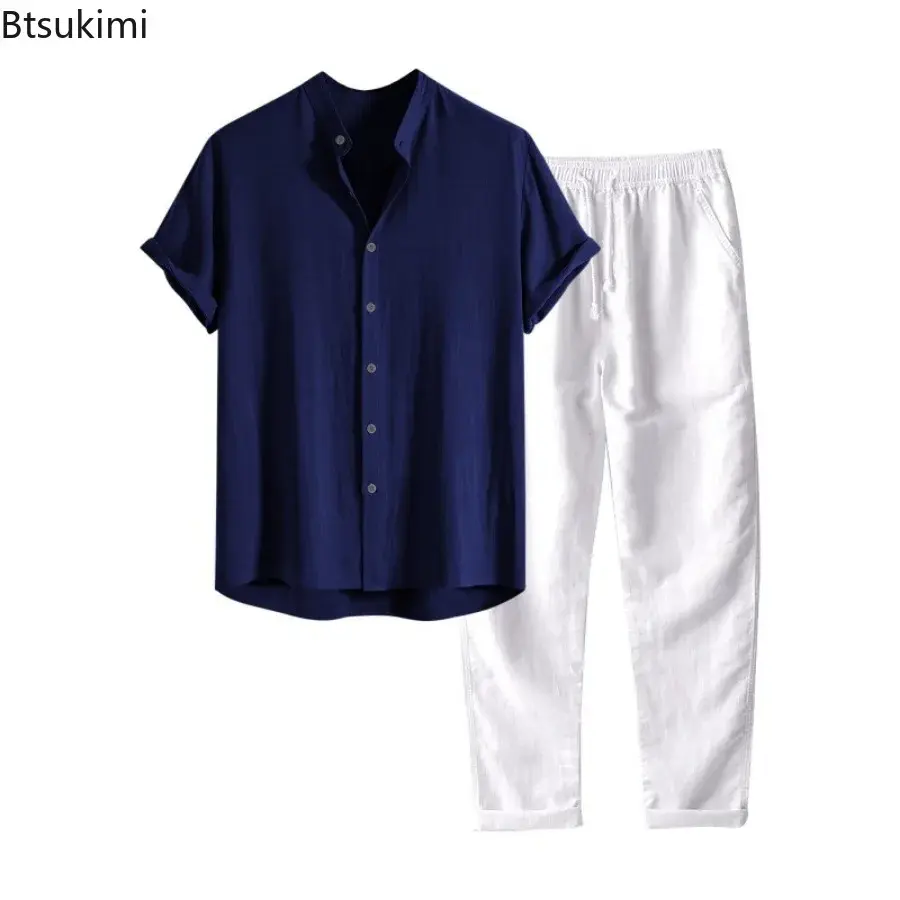 2025 Men's Summer Fashion Solid Two Piece Set Breathable Cotton Linen Stand Collar Shirt and Pants Casual Outfits Tracksuit Male