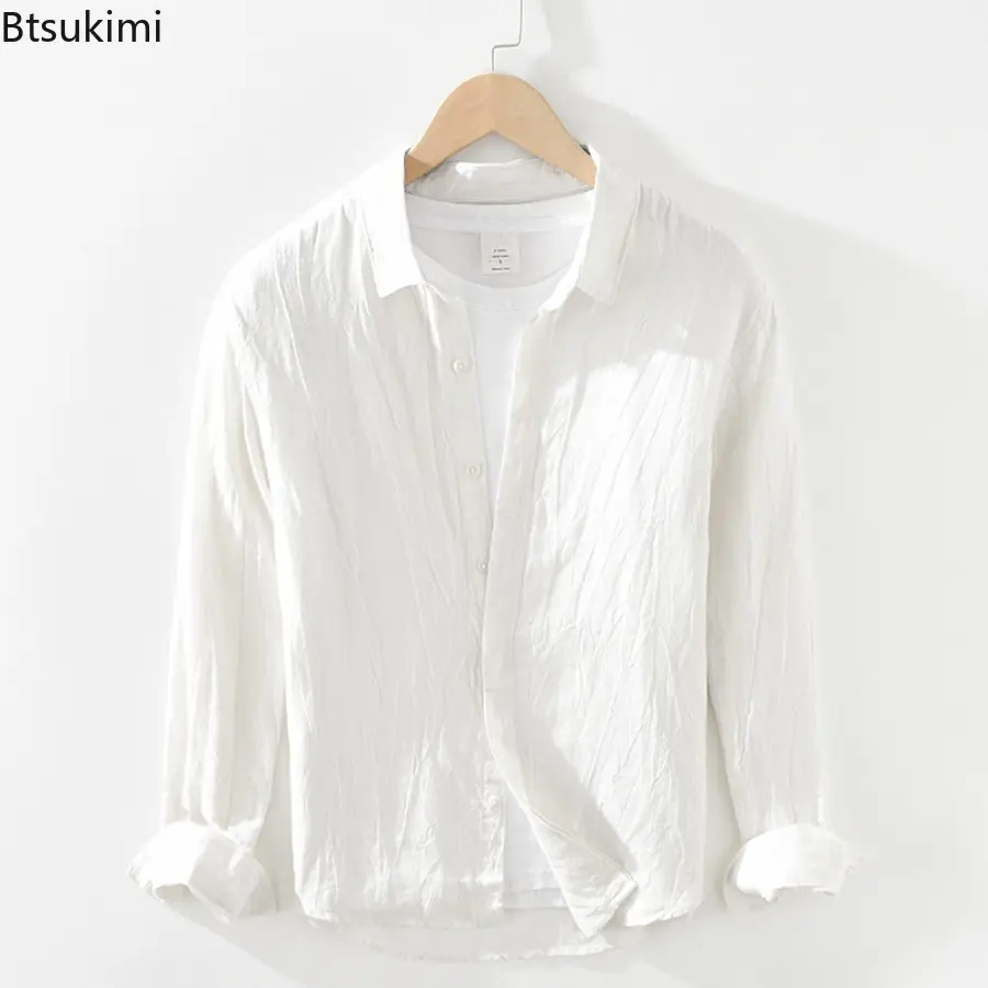 2025 Men's Vintage Long-sleeved 100% Linen Casual Shirts Fashion Simple Loose Breathable Shirt Coats Men Solid All-match Blouse