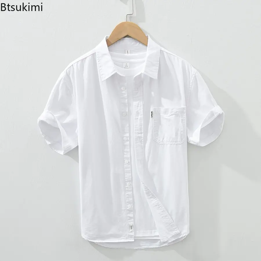 New 2025 Men's 100% Cotton Shirt Tops Loose Casual Shirt Coats Summer Trend Short Sleeve Solid Versatile Blouse Cardigan Male