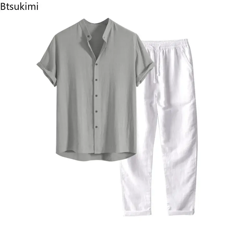 2025 Men's Summer Fashion Solid Two Piece Set Breathable Cotton Linen Stand Collar Shirt and Pants Casual Outfits Tracksuit Male