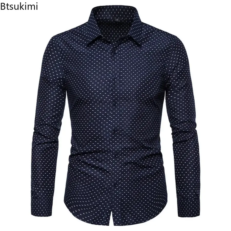 2025 Men's Long-sleeved Polka Dot Print Casual Shirts Fashion Slim Fit Single Breasted Lapel Business Social Shirts Male Blouses