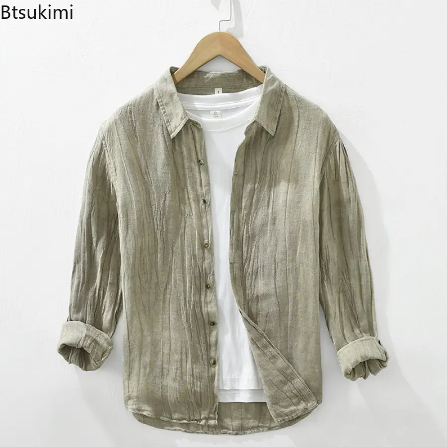 2025 Men's Vintage Long-sleeved 100% Linen Casual Shirts Fashion Simple Loose Breathable Shirt Coats Men Solid All-match Blouse