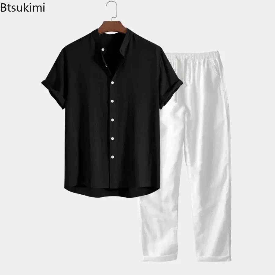 2025 Men's Summer Fashion Solid Two Piece Set Breathable Cotton Linen Stand Collar Shirt and Pants Casual Outfits Tracksuit Male