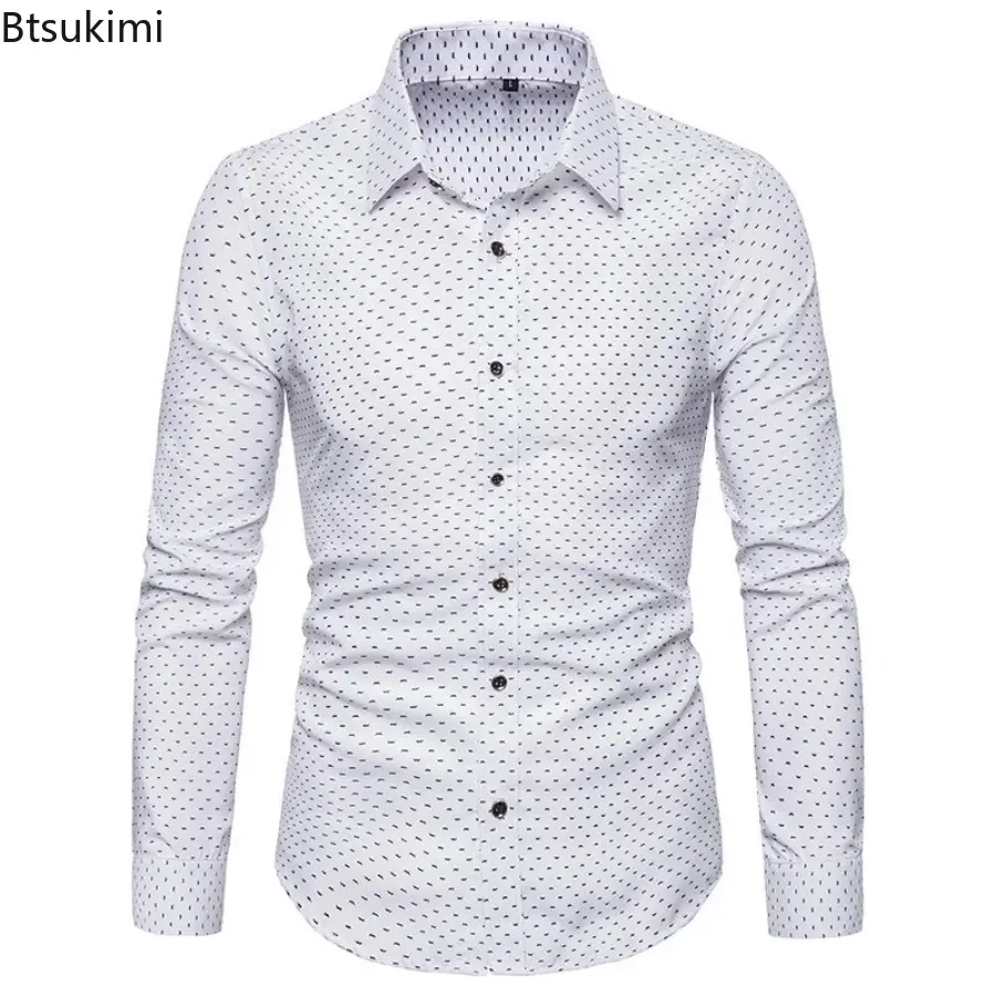 2025 Men's Long-sleeved Polka Dot Print Casual Shirts Fashion Slim Fit Single Breasted Lapel Business Social Shirts Male Blouses