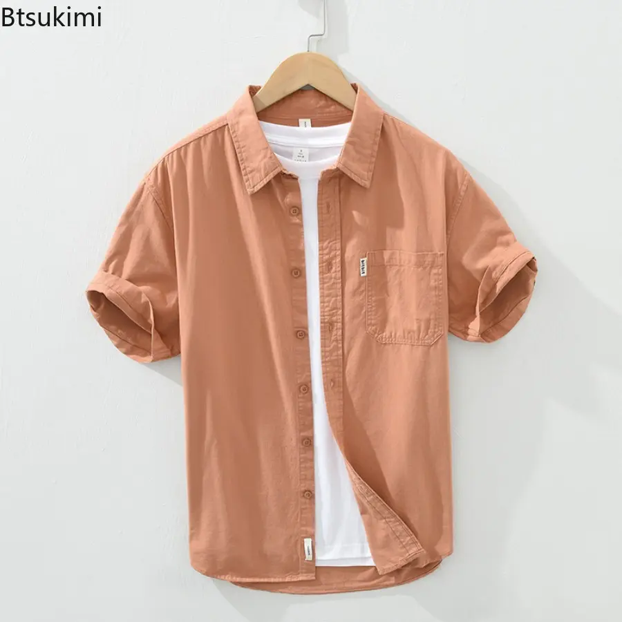 New 2025 Men's 100% Cotton Shirt Tops Loose Casual Shirt Coats Summer Trend Short Sleeve Solid Versatile Blouse Cardigan Male