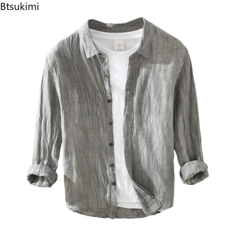 2025 Men's Vintage Long-sleeved 100% Linen Casual Shirts Fashion Simple Loose Breathable Shirt Coats Men Solid All-match Blouse