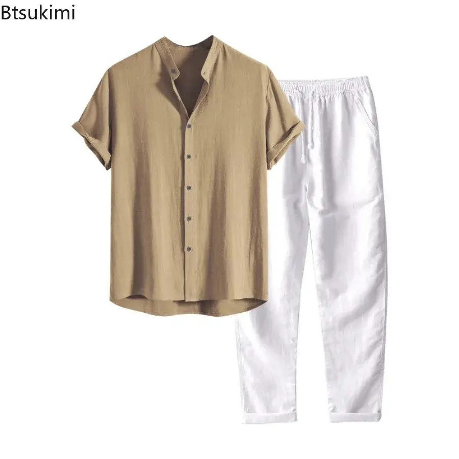 2025 Men's Summer Fashion Solid Two Piece Set Breathable Cotton Linen Stand Collar Shirt and Pants Casual Outfits Tracksuit Male