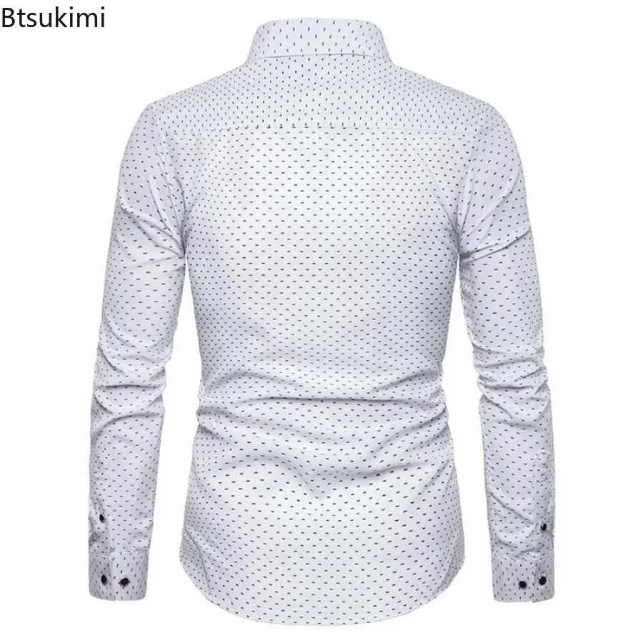2025 Men's Long-sleeved Polka Dot Print Casual Shirts Fashion Slim Fit Single Breasted Lapel Business Social Shirts Male Blouses