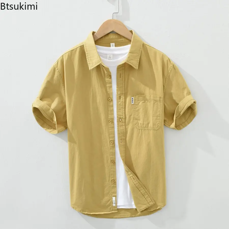 New 2025 Men's 100% Cotton Shirt Tops Loose Casual Shirt Coats Summer Trend Short Sleeve Solid Versatile Blouse Cardigan Male