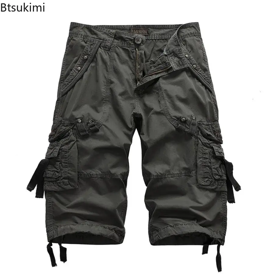 2025 New Men's Loose Multi-pocket Cargo Pants 100% Cotton Washed Capris Fashion Casual Shorts Summer Tooling Shorts Plus Size 42