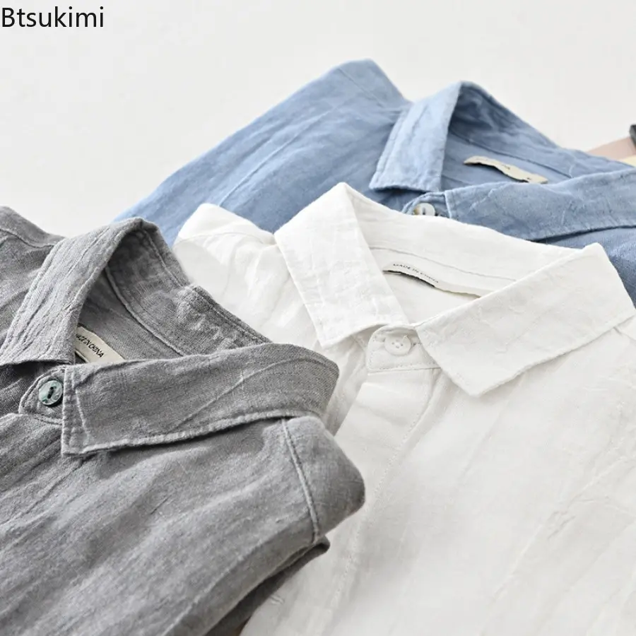 2025 Men's Vintage Long-sleeved 100% Linen Casual Shirts Fashion Simple Loose Breathable Shirt Coats Men Solid All-match Blouse