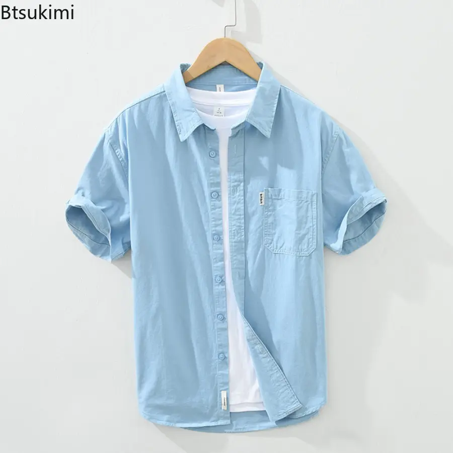 New 2025 Men's 100% Cotton Shirt Tops Loose Casual Shirt Coats Summer Trend Short Sleeve Solid Versatile Blouse Cardigan Male