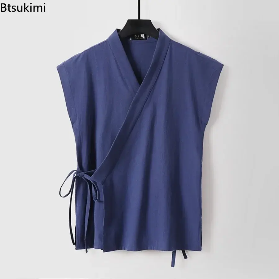 Chinese Traditional Clothes Men's Cotton Linen Tank Tops Sleeveless Tang Suit Tops Kimono Cardigan Solid Vintage Hanfu Vest Male