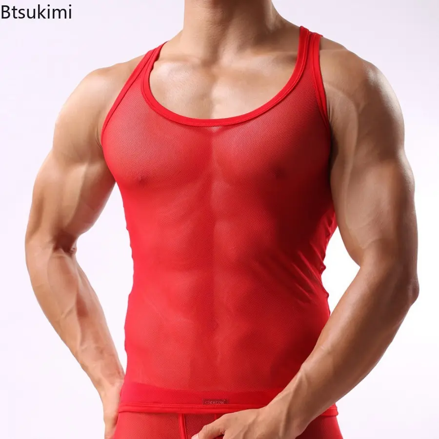 2025 Men's Sexy Hollow Out Casual Tees Vest Summer Cool Breathable Sleeveless Mesh Tops Men Gym Fitness Muscular Tight Tank Tops