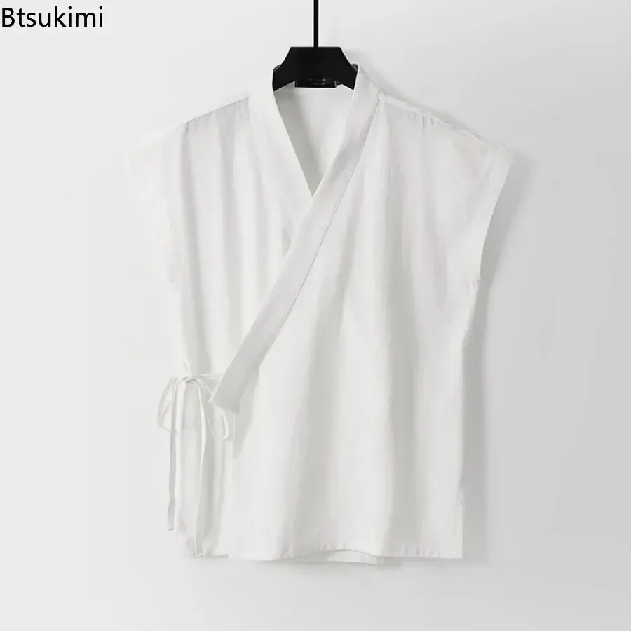 Chinese Traditional Clothes Men's Cotton Linen Tank Tops Sleeveless Tang Suit Tops Kimono Cardigan Solid Vintage Hanfu Vest Male