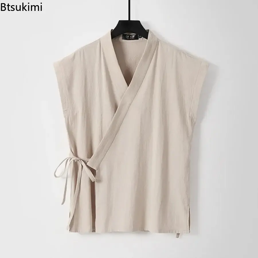 Chinese Traditional Clothes Men's Cotton Linen Tank Tops Sleeveless Tang Suit Tops Kimono Cardigan Solid Vintage Hanfu Vest Male