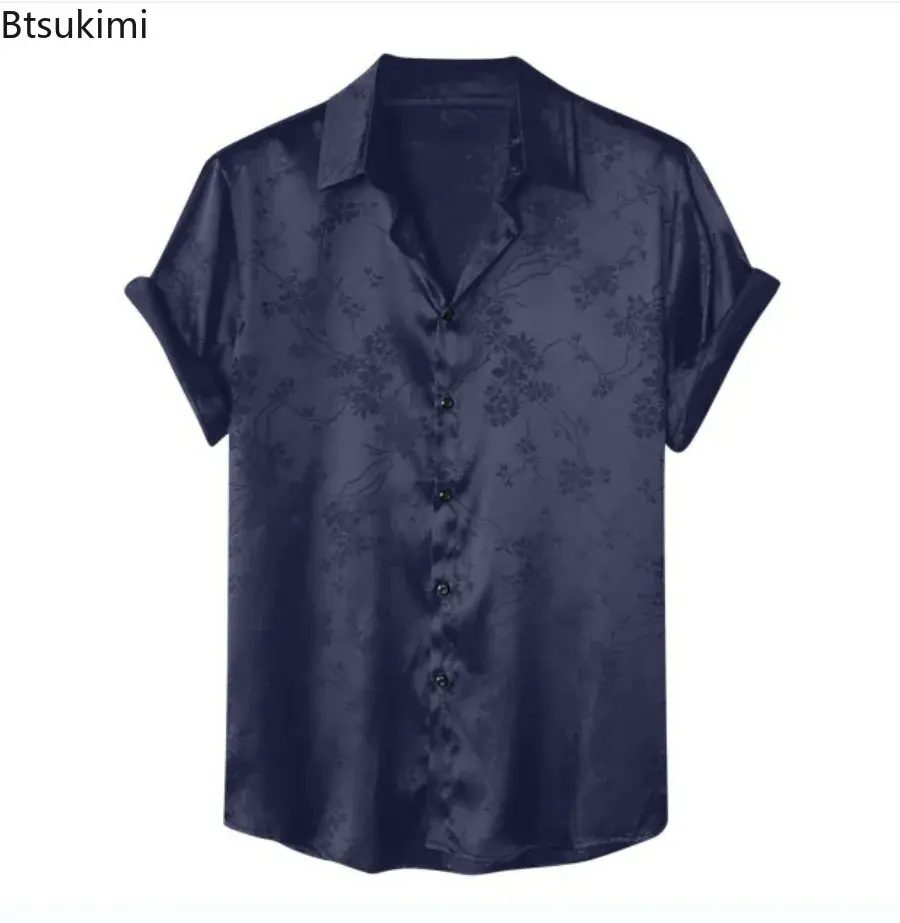 New 2025 Men's Jacquard Short-sleeved Shirts Fashion Solid Luxuyy Flower Print Casual Social Shirts Men Simple Versatile Blouses