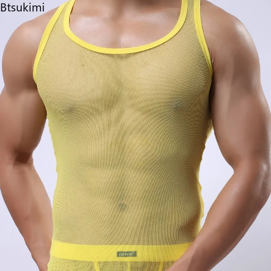 2025 Men's Sexy Hollow Out Casual Tees Vest Summer Cool Breathable Sleeveless Mesh Tops Men Gym Fitness Muscular Tight Tank Tops