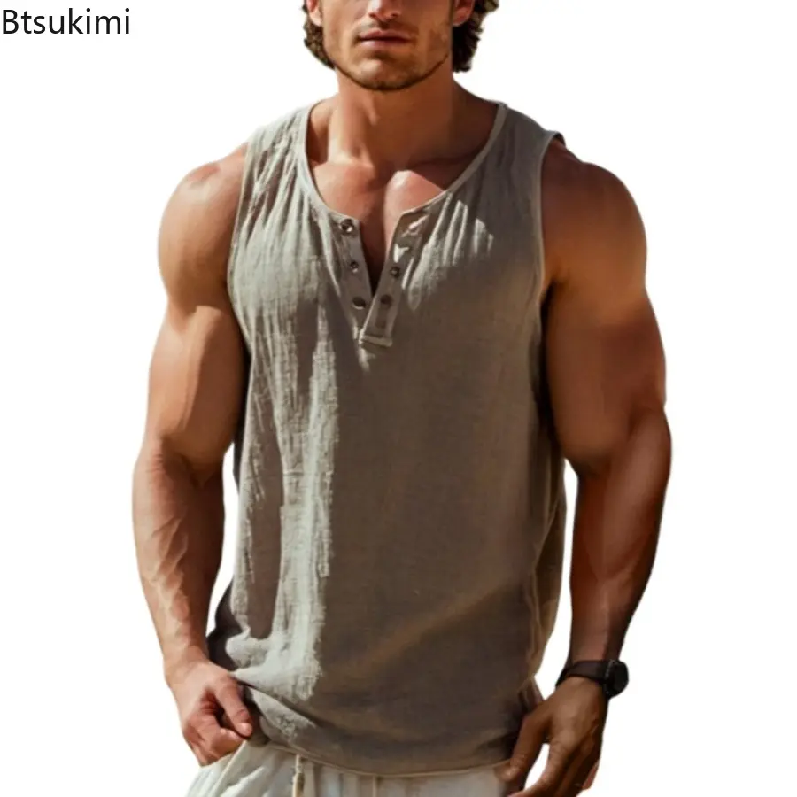 Summer Vintage Solid Sleeveless Tops Men's Simple Casual V Neck Buttoned Tank Tops Loose Versatile T-shirts Men Breathable Vests