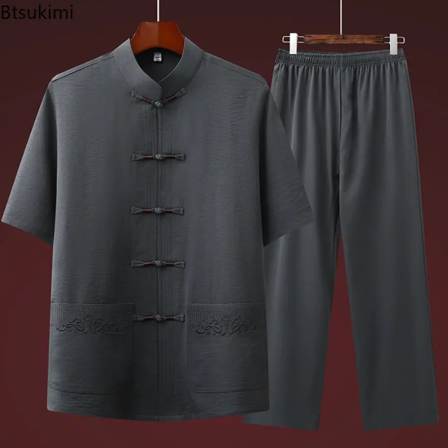 Fashion Embroidery Chinese Tang Suit Men's Loose Stand Collar Shirt and Pants Tai Chi Costume Two-pieces Men Traditional Han Fu