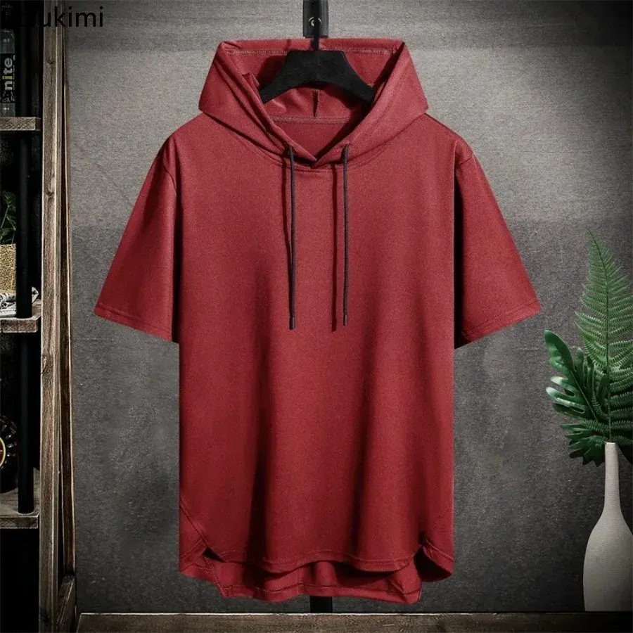 2025 Fashion Short Sleeve Hooded T-shirt Men's Casual Loose Drawstring Pullover Hoodies Tops Summer Solid Sweatshirt Men Clothes