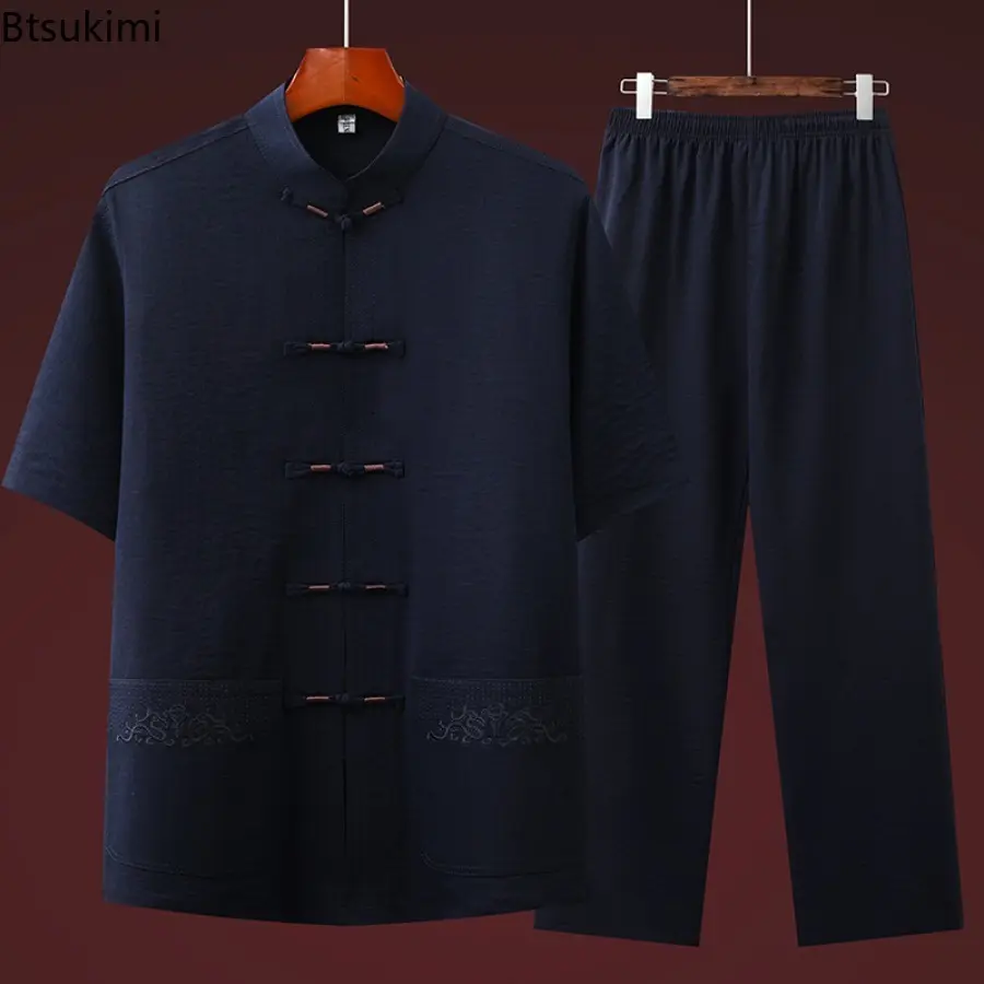 Fashion Embroidery Chinese Tang Suit Men's Loose Stand Collar Shirt and Pants Tai Chi Costume Two-pieces Men Traditional Han Fu