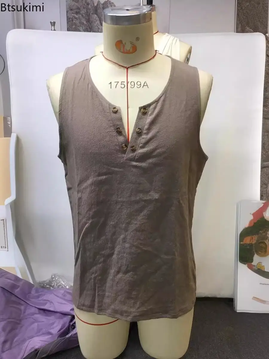 Summer Vintage Solid Sleeveless Tops Men's Simple Casual V Neck Buttoned Tank Tops Loose Versatile T-shirts Men Breathable Vests