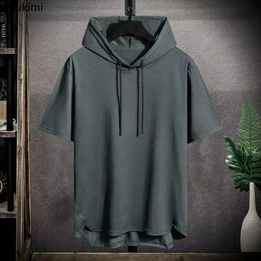 2025 Fashion Short Sleeve Hooded T-shirt Men's Casual Loose Drawstring Pullover Hoodies Tops Summer Solid Sweatshirt Men Clothes