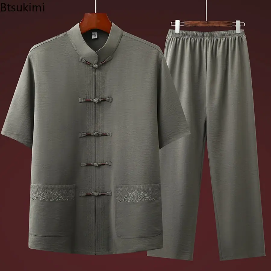 Fashion Embroidery Chinese Tang Suit Men's Loose Stand Collar Shirt and Pants Tai Chi Costume Two-pieces Men Traditional Han Fu