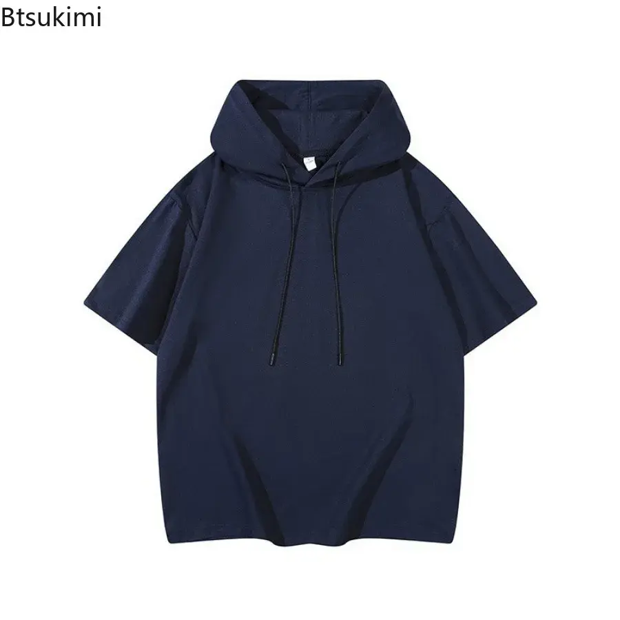 2025 Fashion Short Sleeve Hooded T-shirt Men's Casual Loose Drawstring Pullover Hoodies Tops Summer Solid Sweatshirt Men Clothes