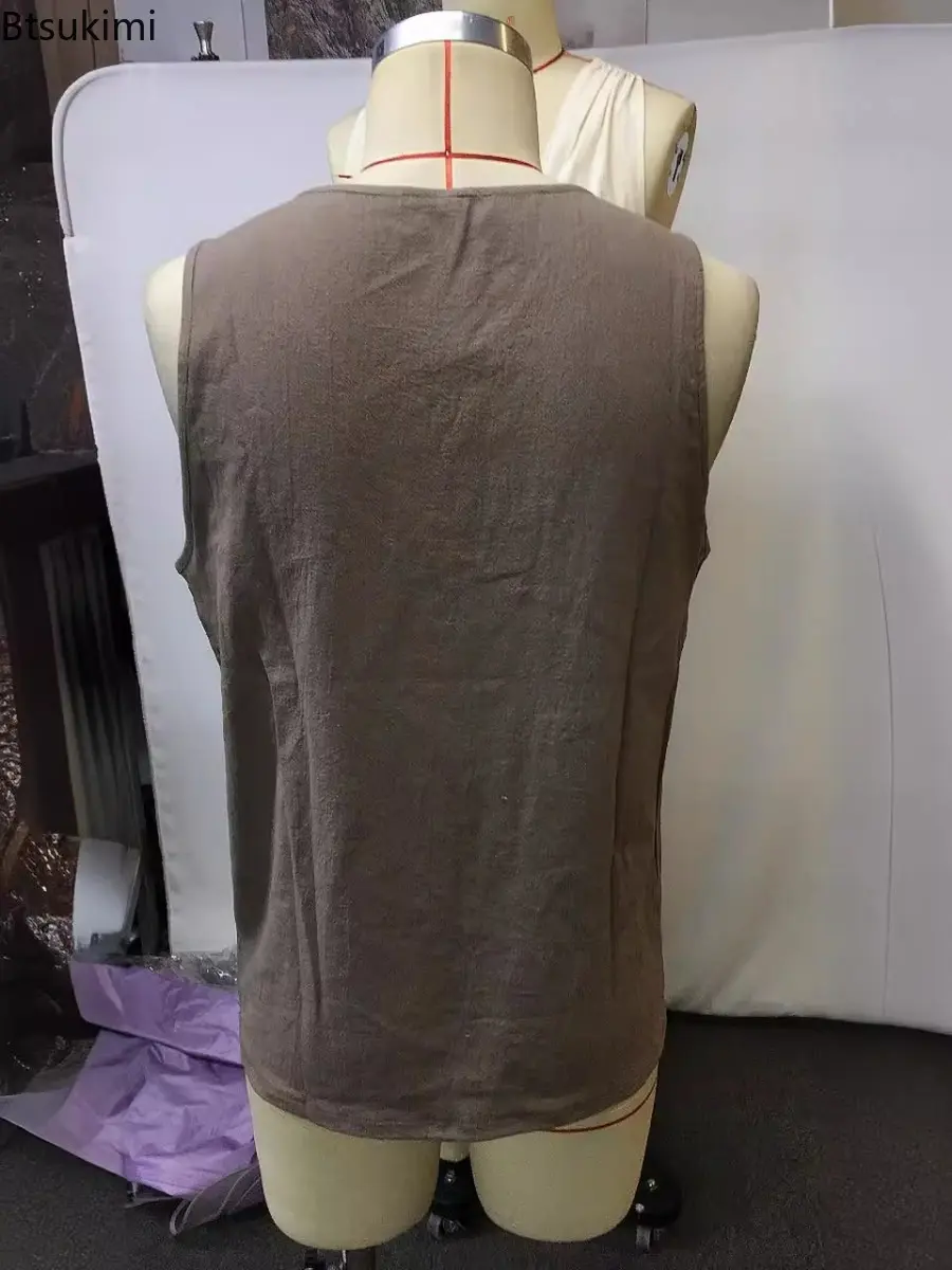 Summer Vintage Solid Sleeveless Tops Men's Simple Casual V Neck Buttoned Tank Tops Loose Versatile T-shirts Men Breathable Vests