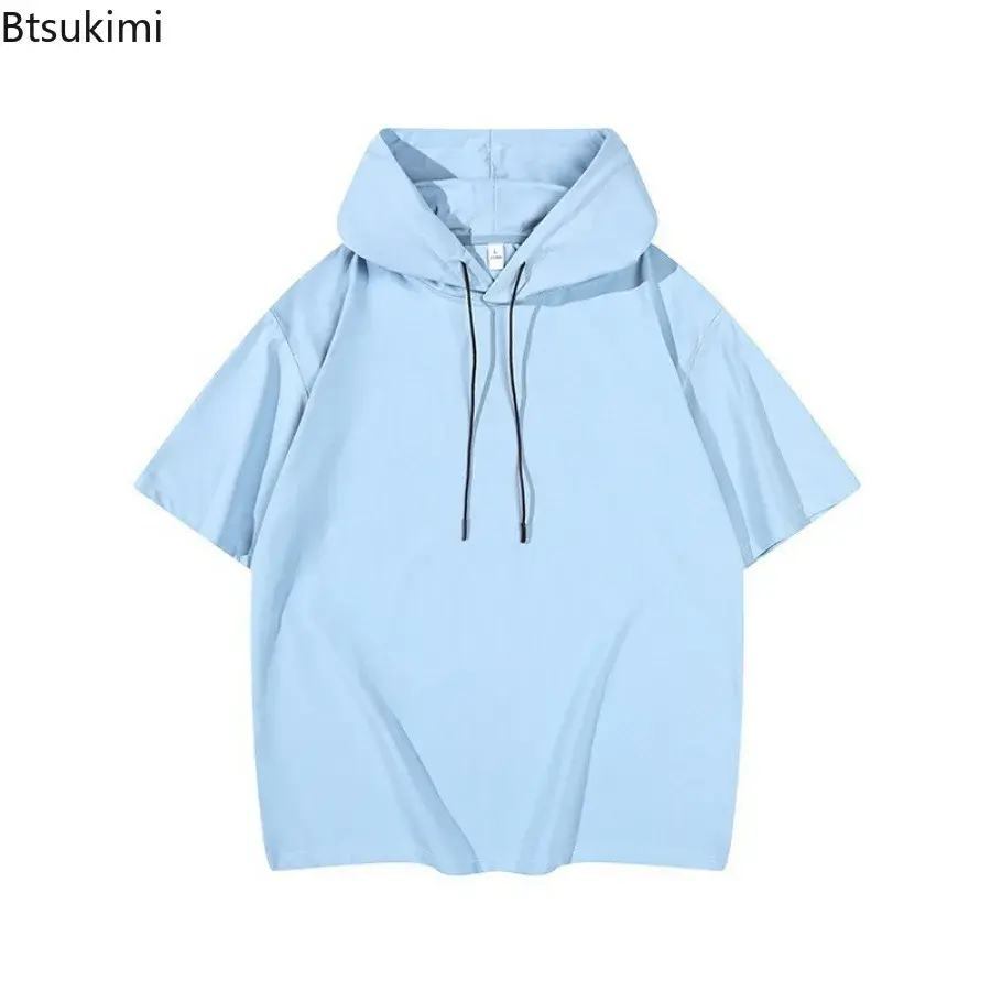 2025 Fashion Short Sleeve Hooded T-shirt Men's Casual Loose Drawstring Pullover Hoodies Tops Summer Solid Sweatshirt Men Clothes