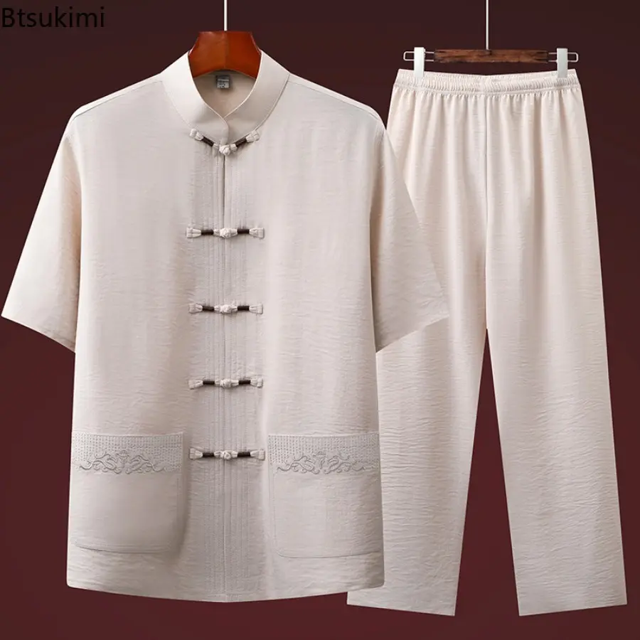 Fashion Embroidery Chinese Tang Suit Men's Loose Stand Collar Shirt and Pants Tai Chi Costume Two-pieces Men Traditional Han Fu