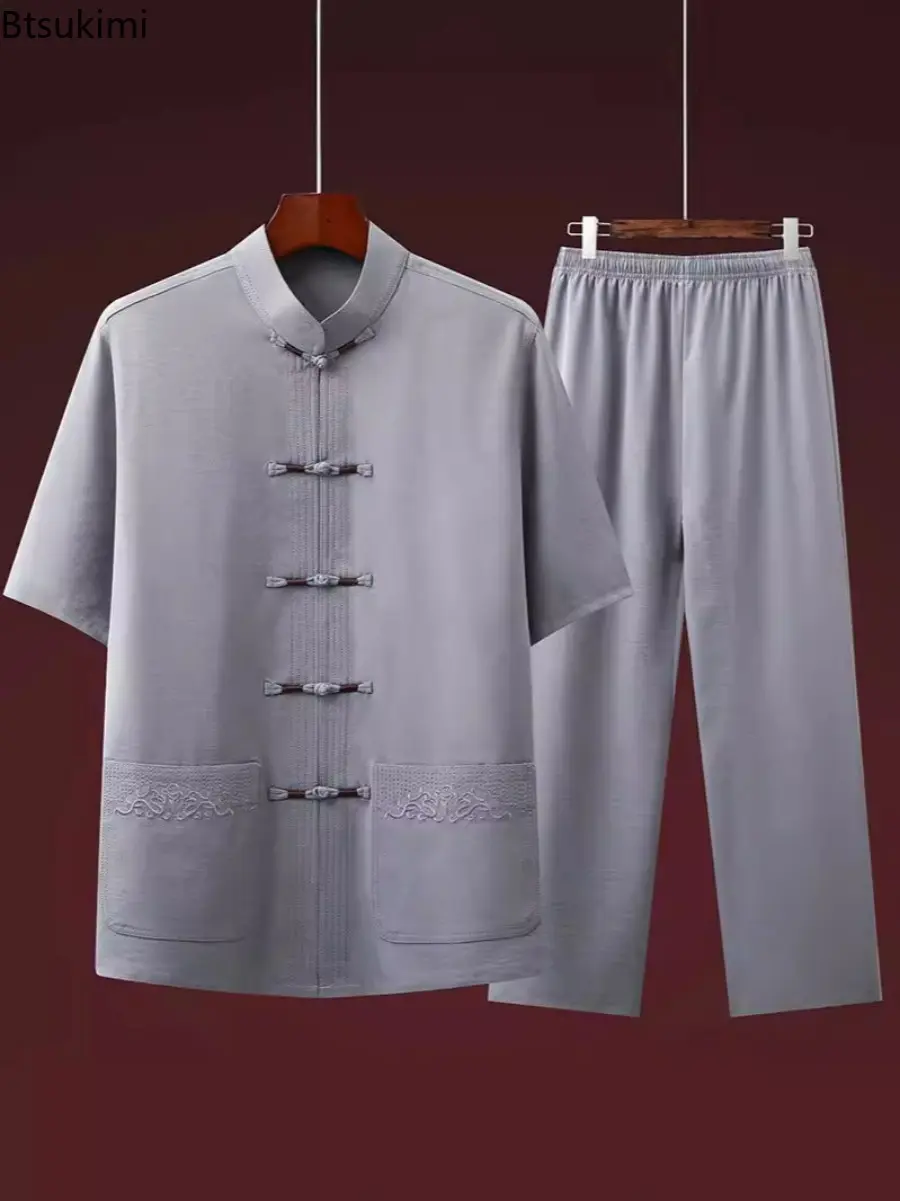 Fashion Embroidery Chinese Tang Suit Men's Loose Stand Collar Shirt and Pants Tai Chi Costume Two-pieces Men Traditional Han Fu