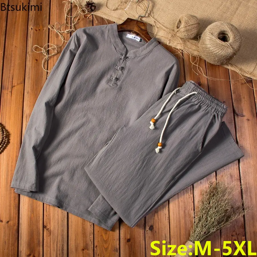 Men's Chinese Traditional Clothing Breathable Cotton Linen Two Piece Set Loose Casual Suit Men Tai Chi Kung Fu Costume Tang Suit